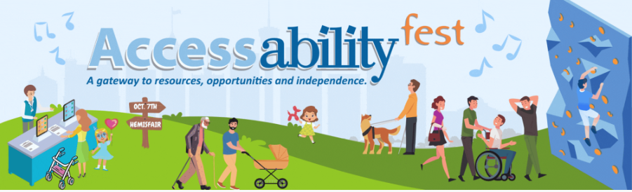 An image of a green park lawn with city of S A in the background with lots of people engaging in activity and learning.  Access ability fest logo centered.