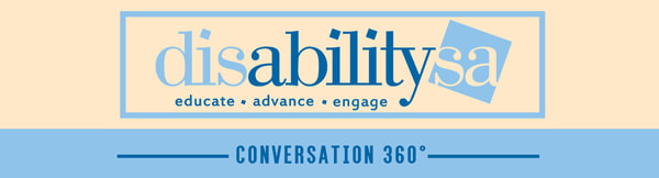 header image - disability s a logo and conversation 360 in beige and blues