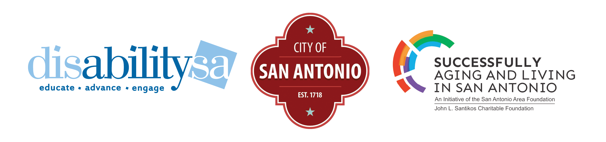 Partner Logos for disABILITY s a, the city of san antonio, and successfully living and aging in san antonio