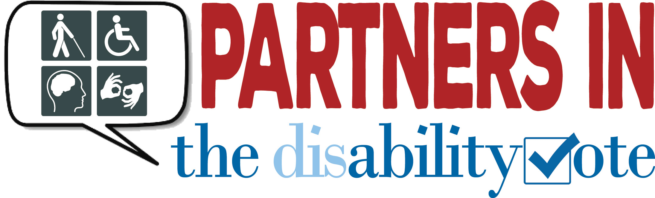 Image Partners in the Disability Vote logo with communication bubble with disability symbols and the V of vote as a checkmark
