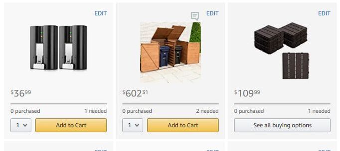 [IMAGE] Pictures of items on the wish list including storage totes, ring cameras, solar pane, batteries, flooring, and outdoor storage cabinet.