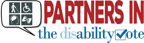 [Image] Partners in the disability vote logo with communication bubble holding disability symbols and the v of vote as a checkmark.